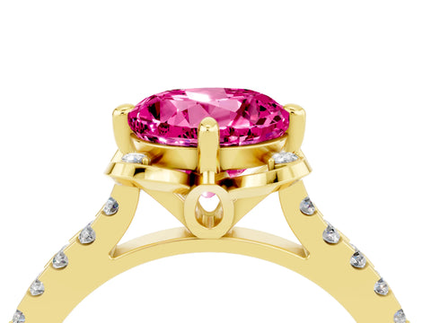 Yellow gold Round Cut Pink Sapphire Ring with Pavé Band and Floral Prong Setting_4