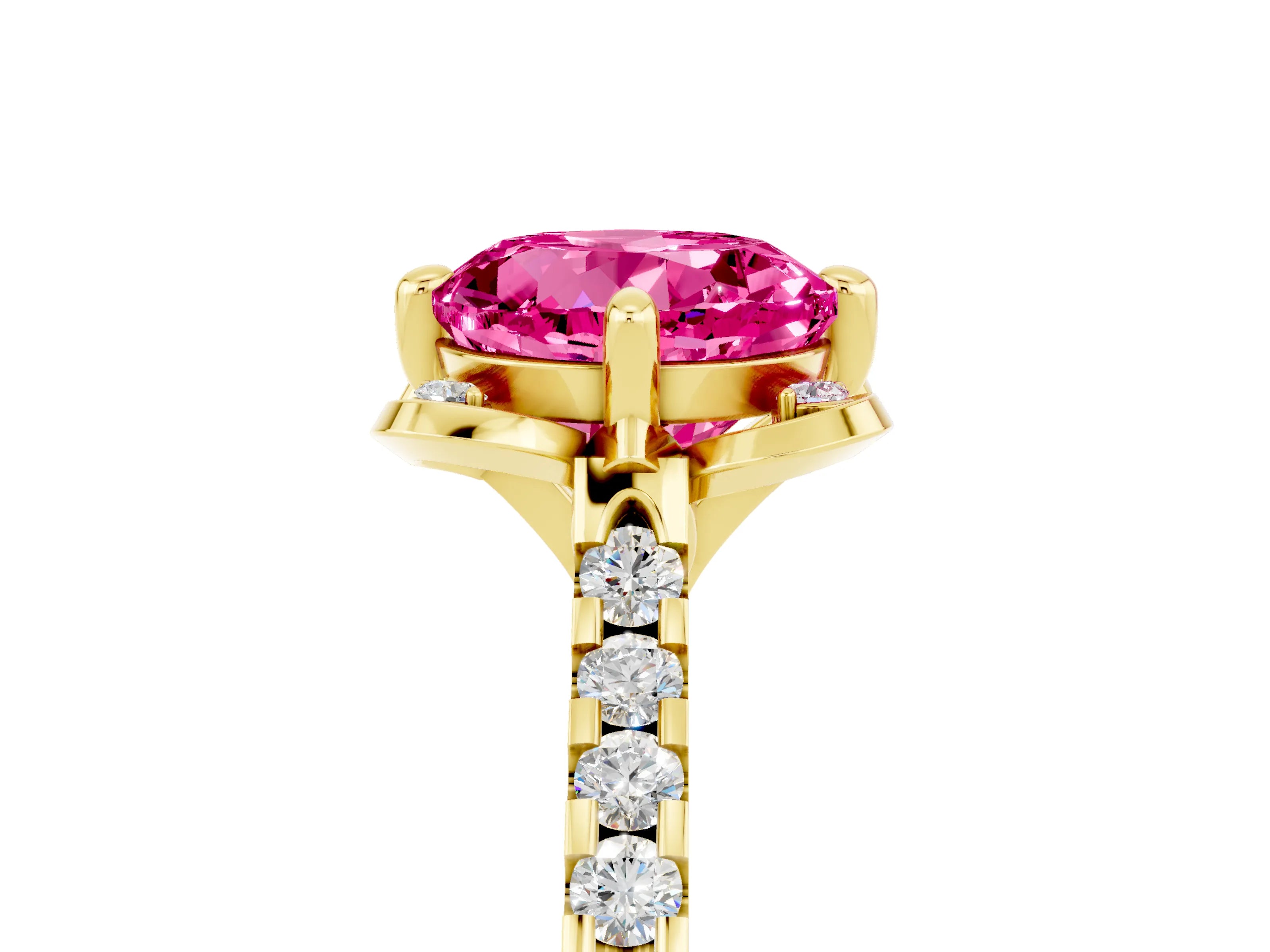 Yellow gold Round Cut Pink Sapphire Ring with Pavé Band and Floral Prong Setting_5