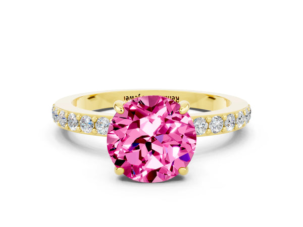 Yellow gold Round Cut Pink Sapphire Pavé Engagement Ring with Round  Accents and Prong Setting
