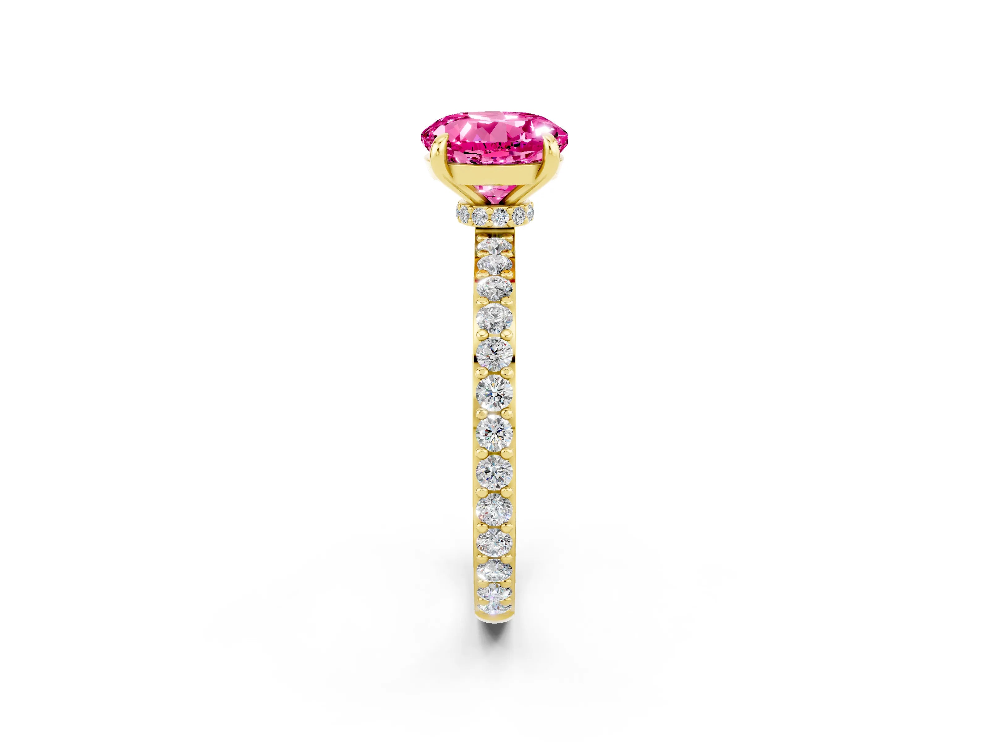 Yellow gold Round Cut Pink Sapphire Ring with Pavé Band and Four-Prong Setting_26