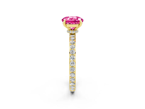 Yellow gold Round Cut Pink Sapphire Ring with Pavé Band and Four-Prong Setting_26