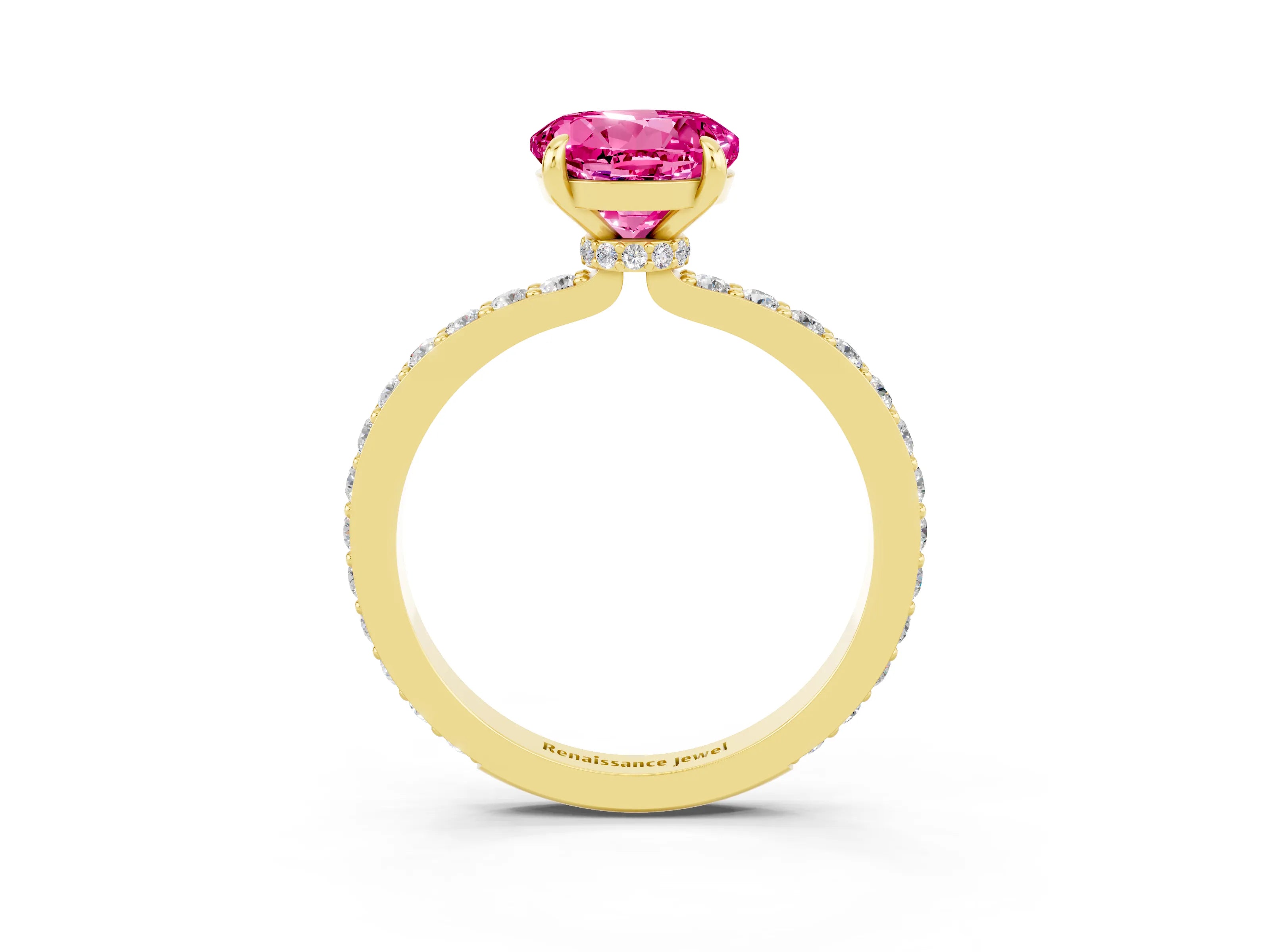 Yellow gold Round Cut Pink Sapphire Ring with Pavé Band and Four-Prong Setting_27