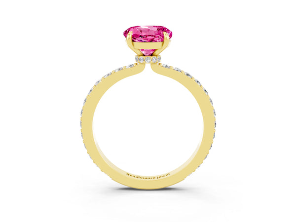 Yellow gold Round Cut Pink Sapphire Pavé Engagement Ring with Round  Accents and Prong Setting