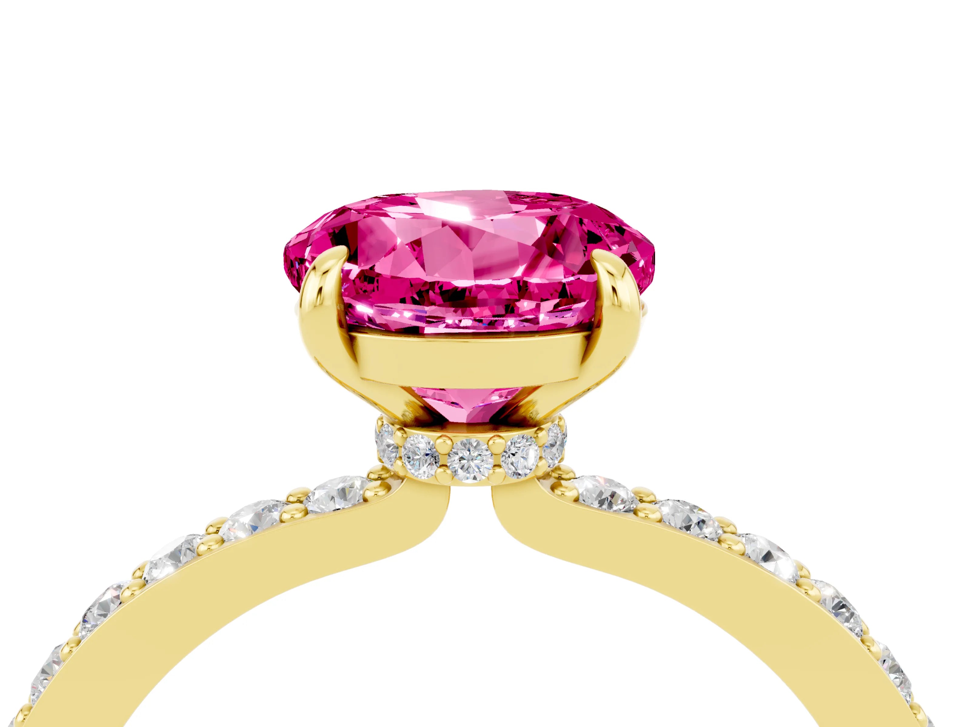 Yellow gold Round Cut Pink Sapphire Ring with Pavé Band and Four-Prong Setting_28