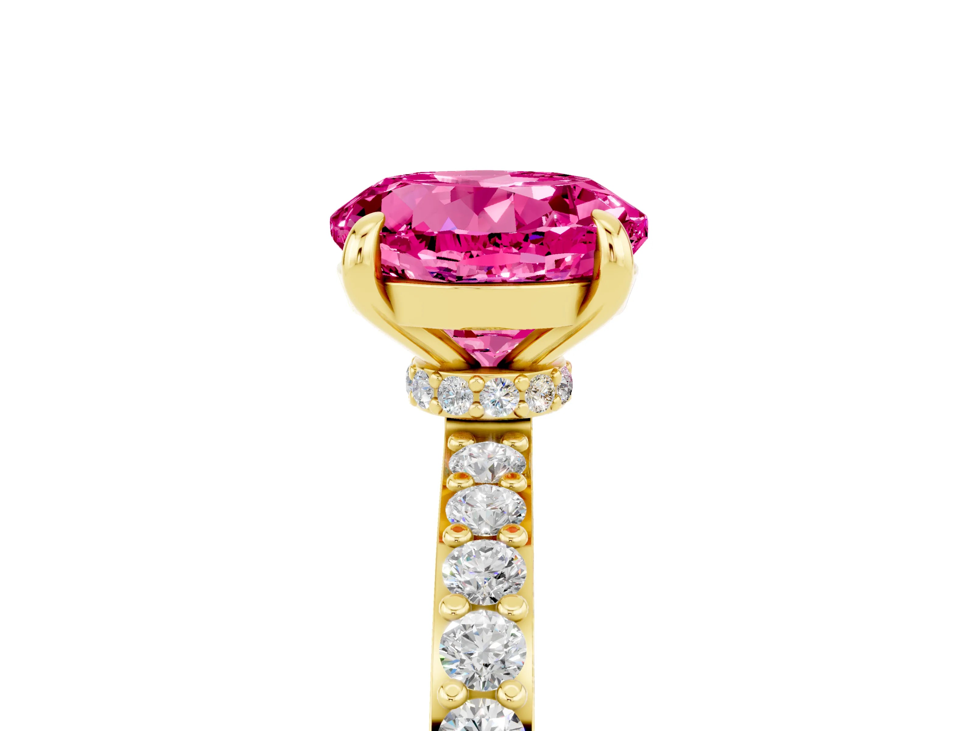 Yellow gold Round Cut Pink Sapphire Ring with Pavé Band and Four-Prong Setting_29