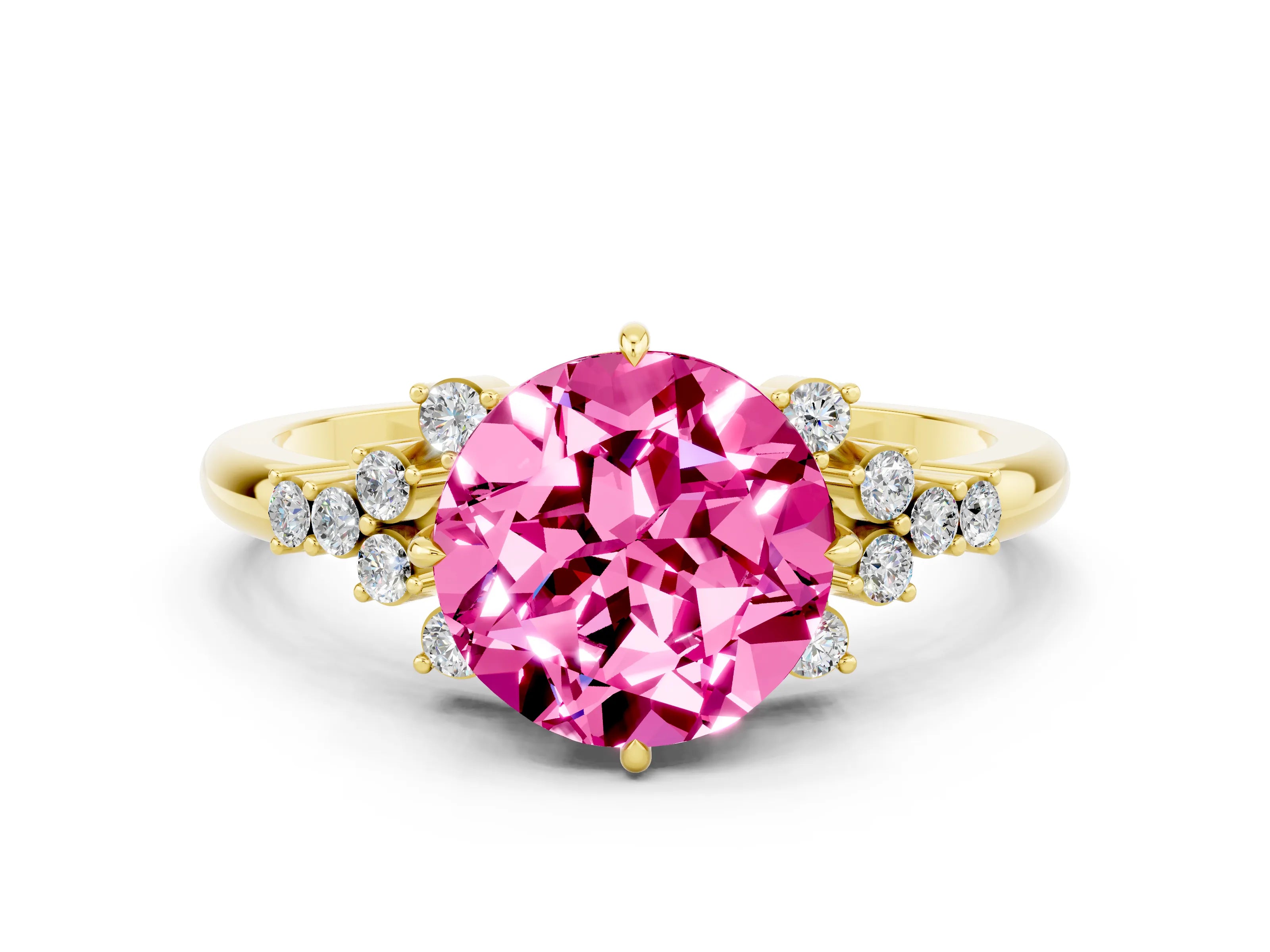 Yellow gold Round Cut Pink Sapphire Ring with Side Stones and Four-Prong Setting_60