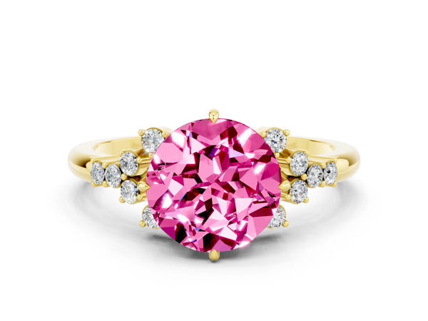 Yellow gold Round Cut Pink Sapphire Ring with Side Stones and Four-Prong Setting