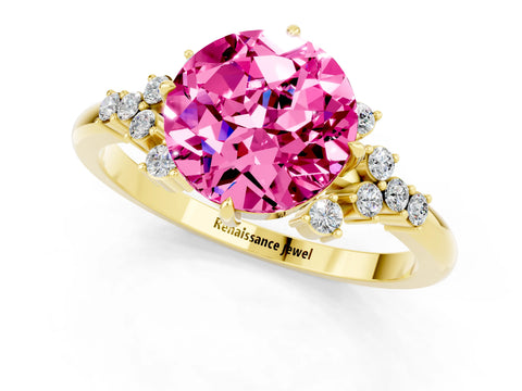 Yellow gold Round Cut Pink Sapphire Ring with Side Stones and Four-Prong Setting_61