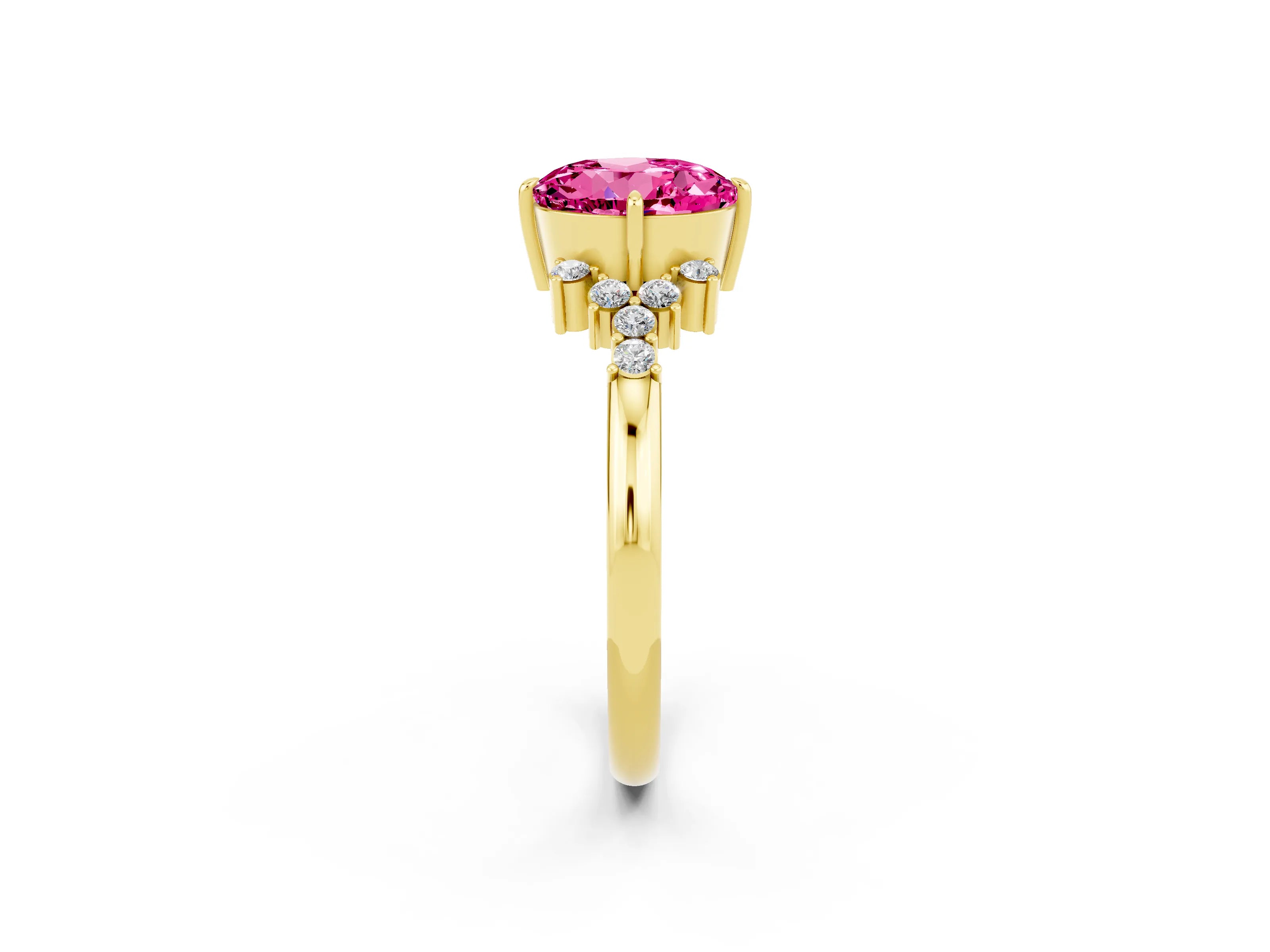 Yellow gold Round Cut Pink Sapphire Ring with Side Stones and Four-Prong Setting_62