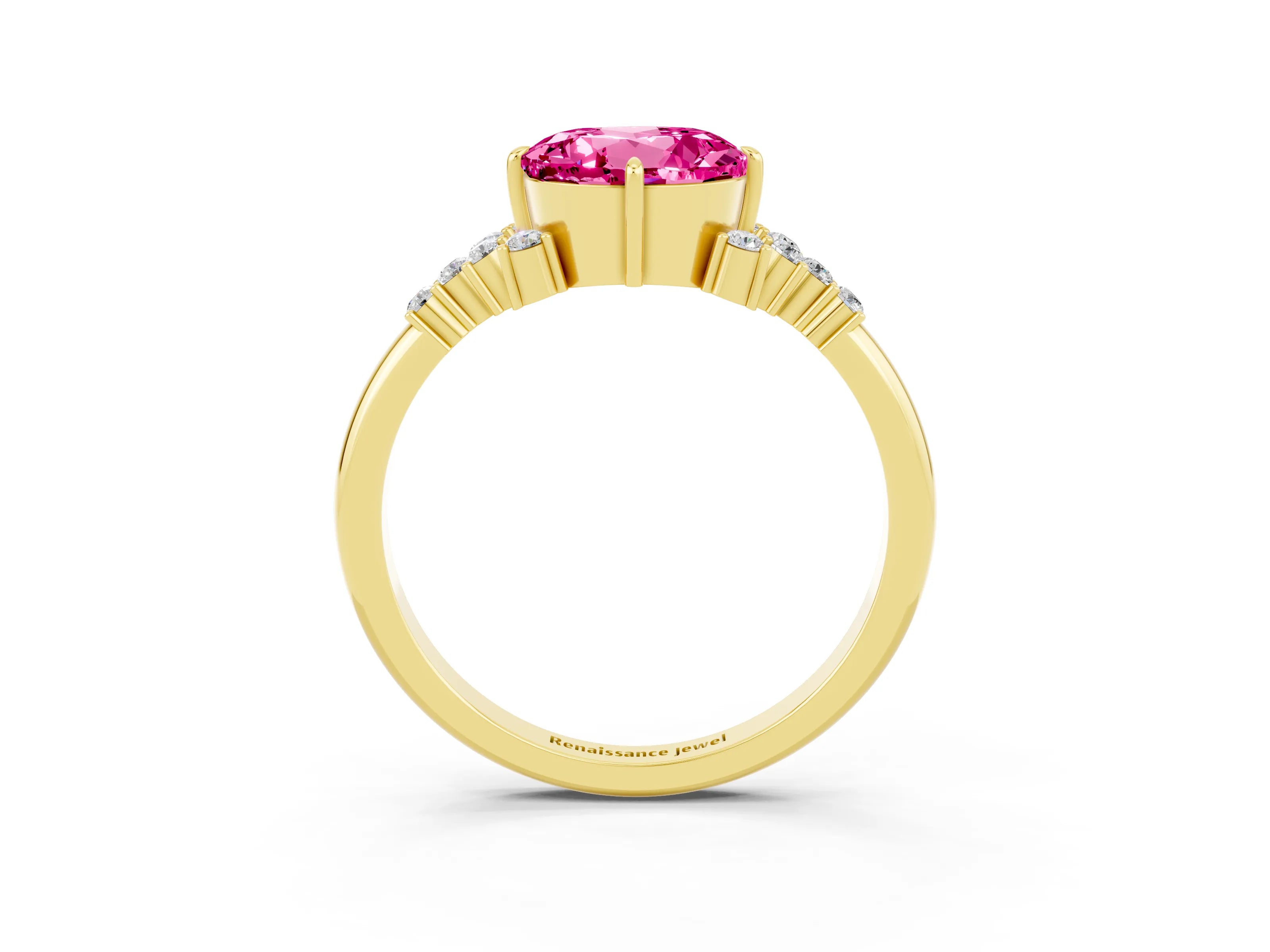Yellow gold Round Cut Pink Sapphire Ring with Side Stones and Four-Prong Setting_63