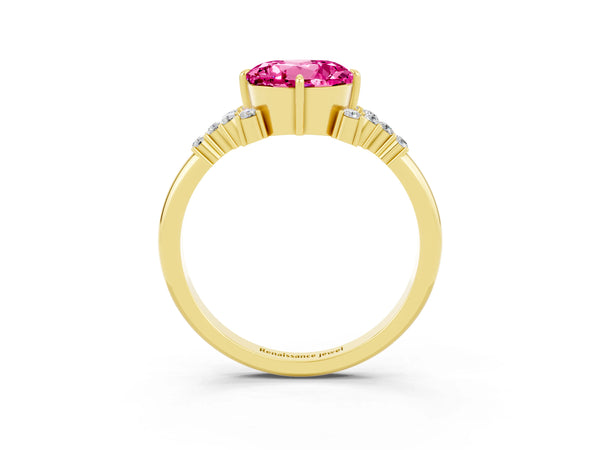Yellow gold Round Cut Pink Sapphire Ring with Side Stones and Four-Prong Setting