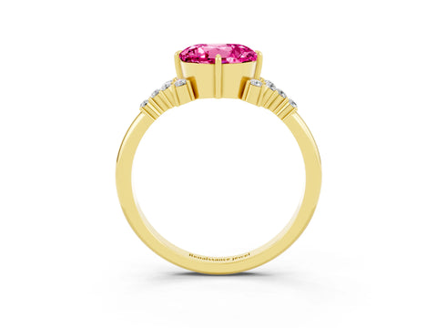 Yellow gold Round Cut Pink Sapphire Ring with Side Stones and Four-Prong Setting_63