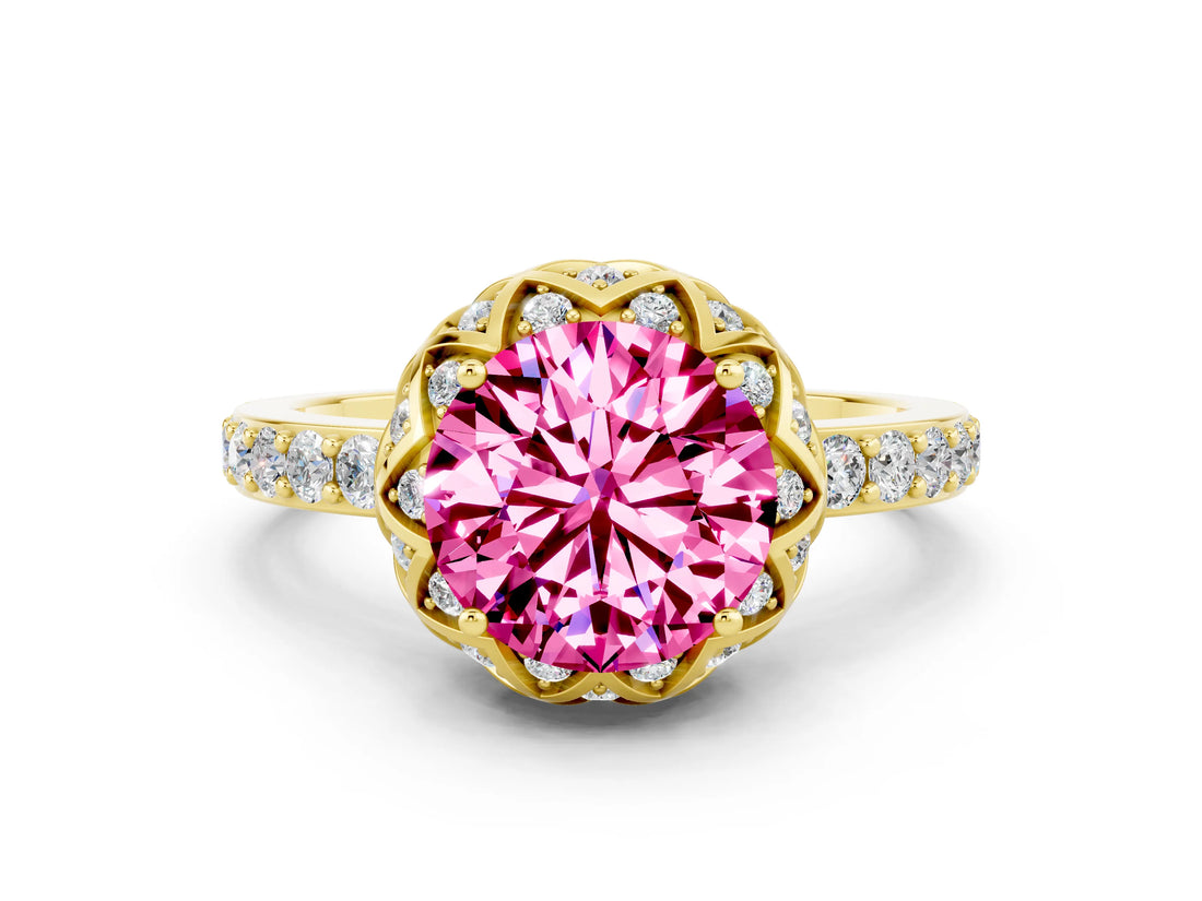 Yellow gold Round Cut Pink Sapphire Scalloped Halo Engagement Ring with Round Shared Prong Band_24
