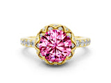 Yellow gold Round Cut Pink Sapphire Scalloped Halo Engagement Ring with Round Shared Prong Band_24