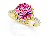 Yellow gold Round Cut Pink Sapphire Scalloped Halo Engagement Ring with Round Shared Prong Band_25
