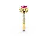 Yellow gold Round Cut Pink Sapphire Scalloped Halo Engagement Ring with Round Shared Prong Band_26