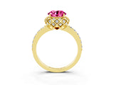 Yellow gold Round Cut Pink Sapphire Scalloped Halo Engagement Ring with Round Shared Prong Band_27