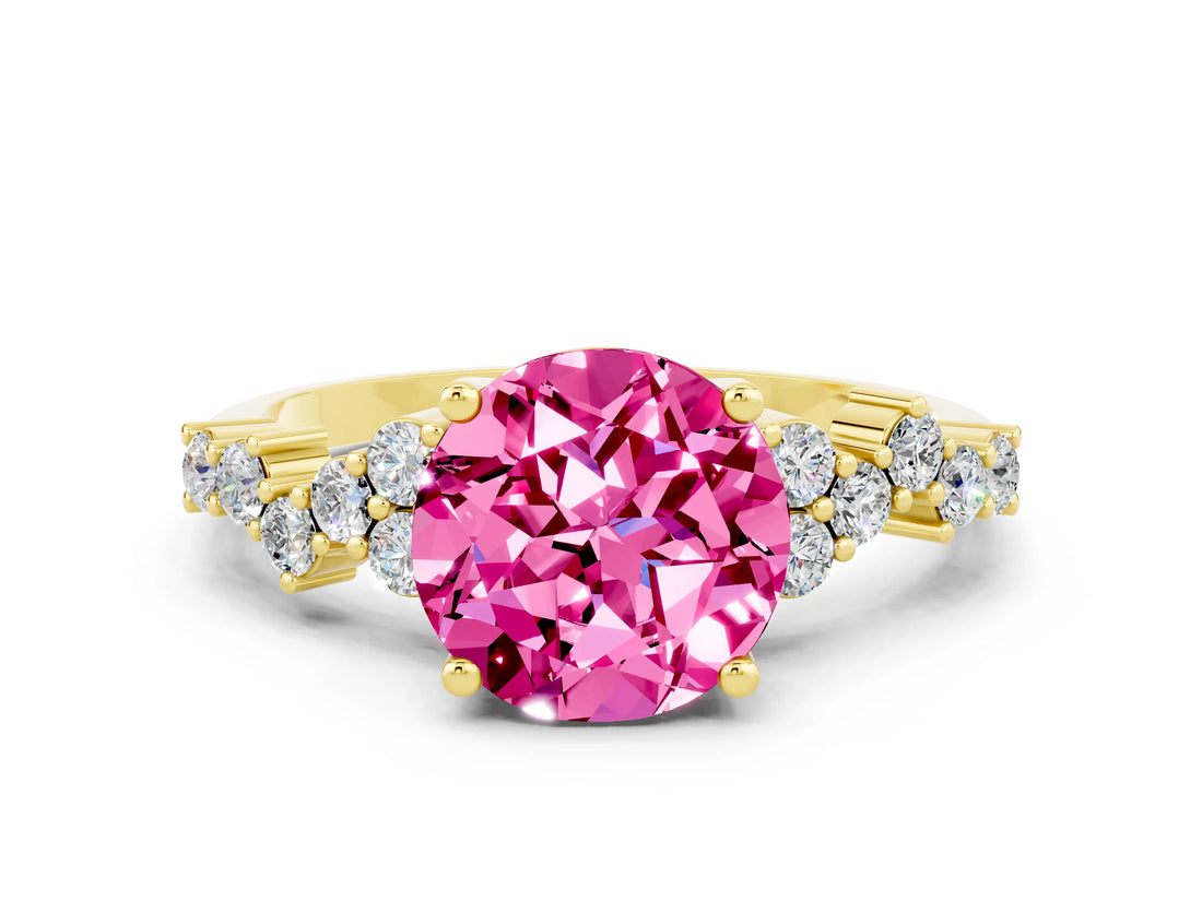 Yellow gold Round Cut Pink Sapphire Scattered Round Accent Ring with Prong Setting_12