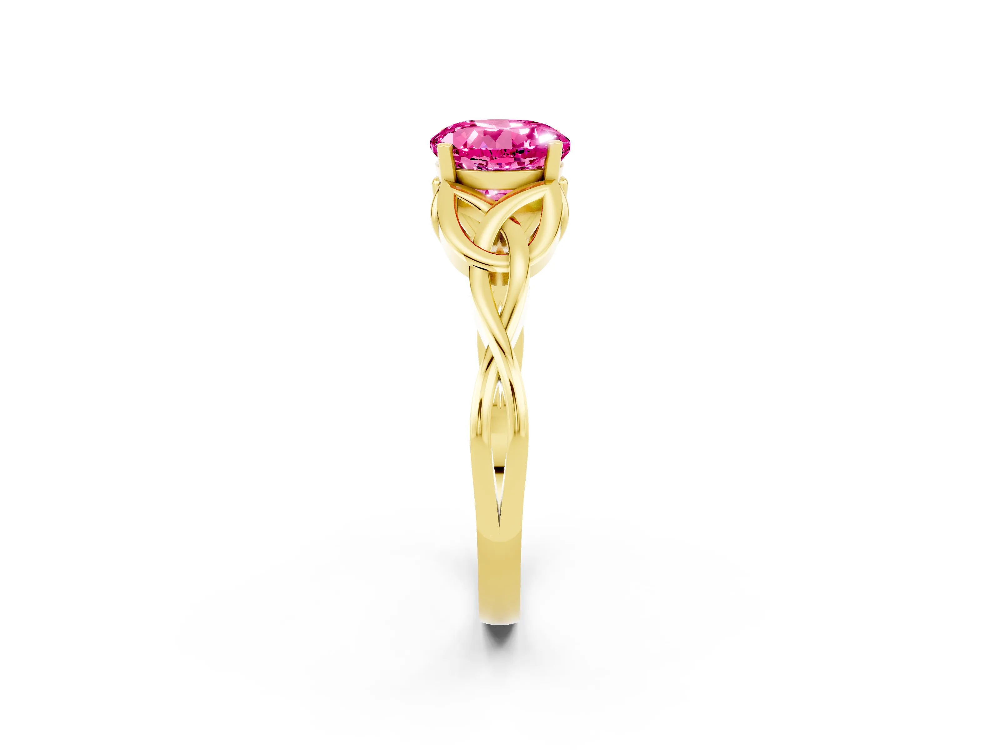 Yellow gold Round Cut Pink Sapphire Solitaire Celtic Knot Ring with Four-Prong Setting_38