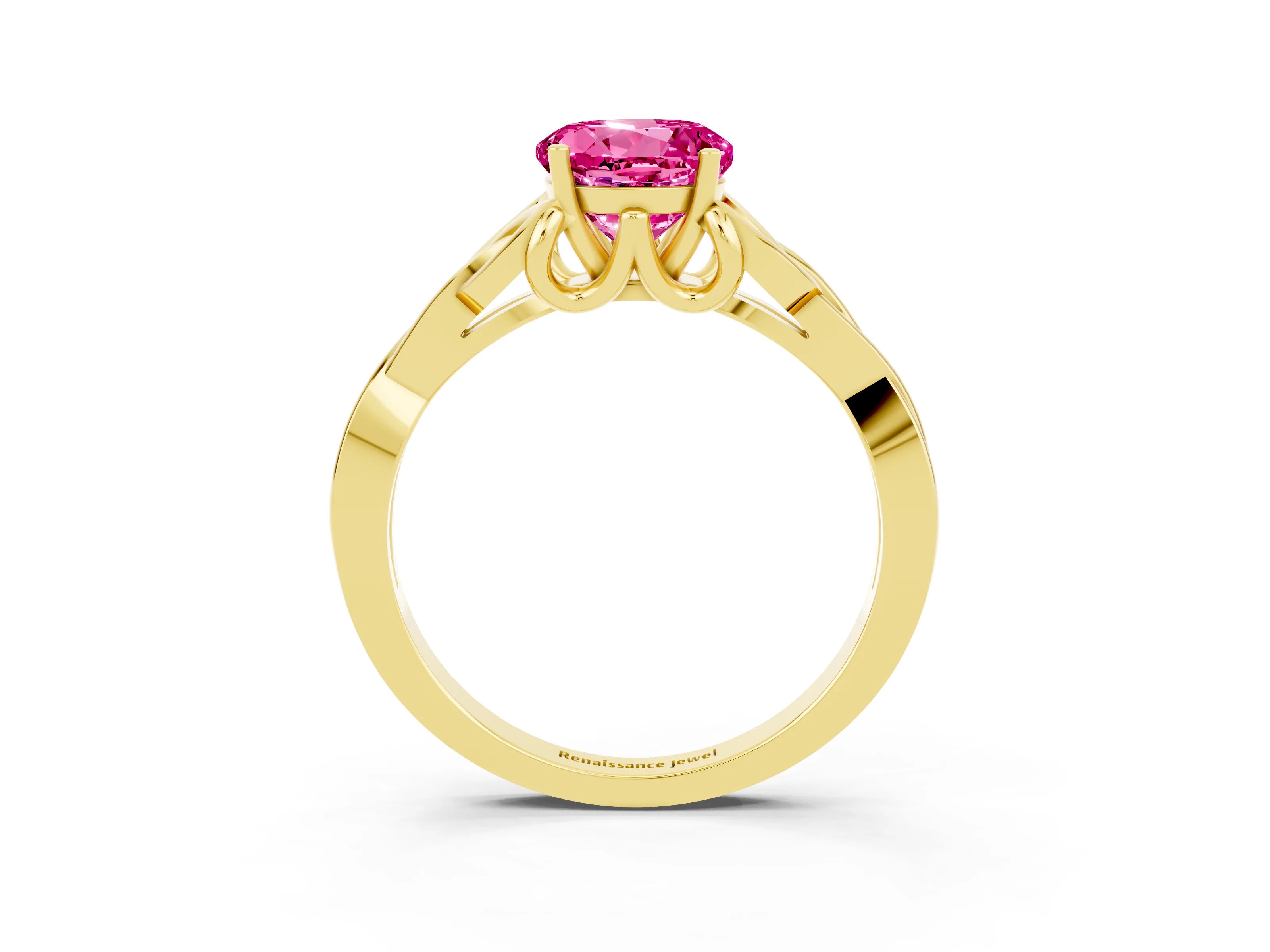 Yellow gold Round Cut Pink Sapphire Solitaire Celtic Knot Ring with Four-Prong Setting_39