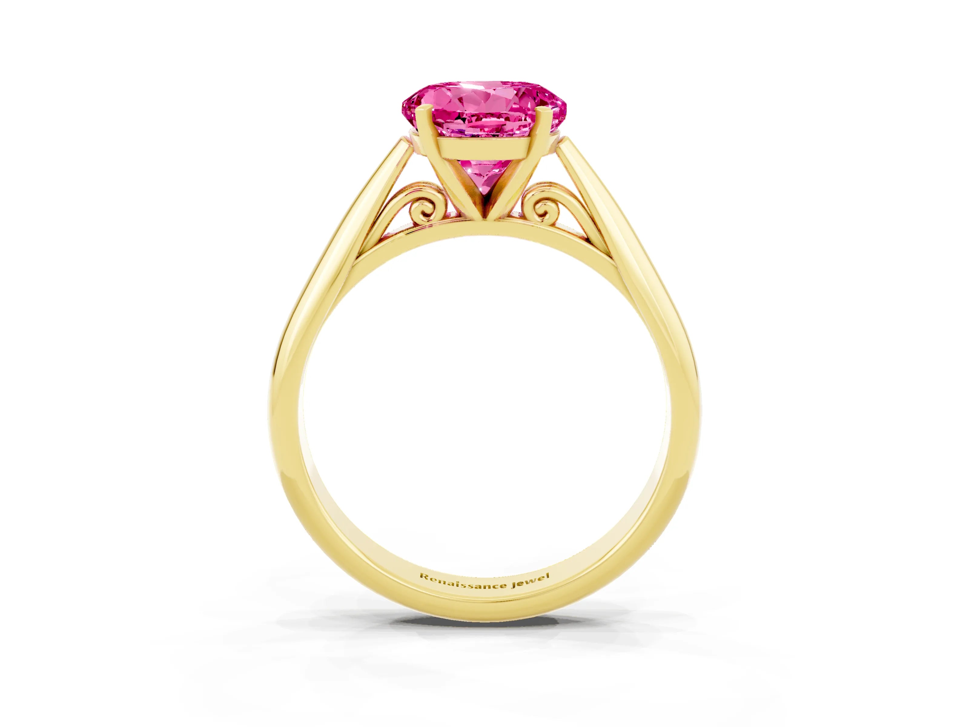Yellow gold Round Cut Pink Sapphire Solitaire Engagement Ring with Cathedral Setting and Four-Prong Mount_15