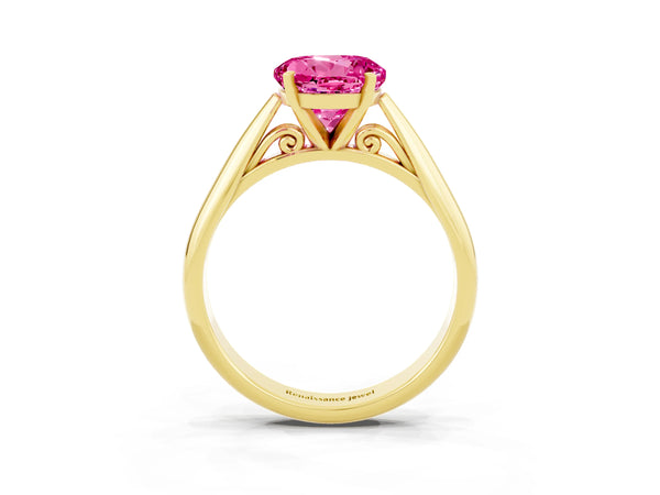 Yellow gold Round Cut Pink Sapphire Solitaire Engagement Ring with Cathedral Setting and Four-Prong Mount