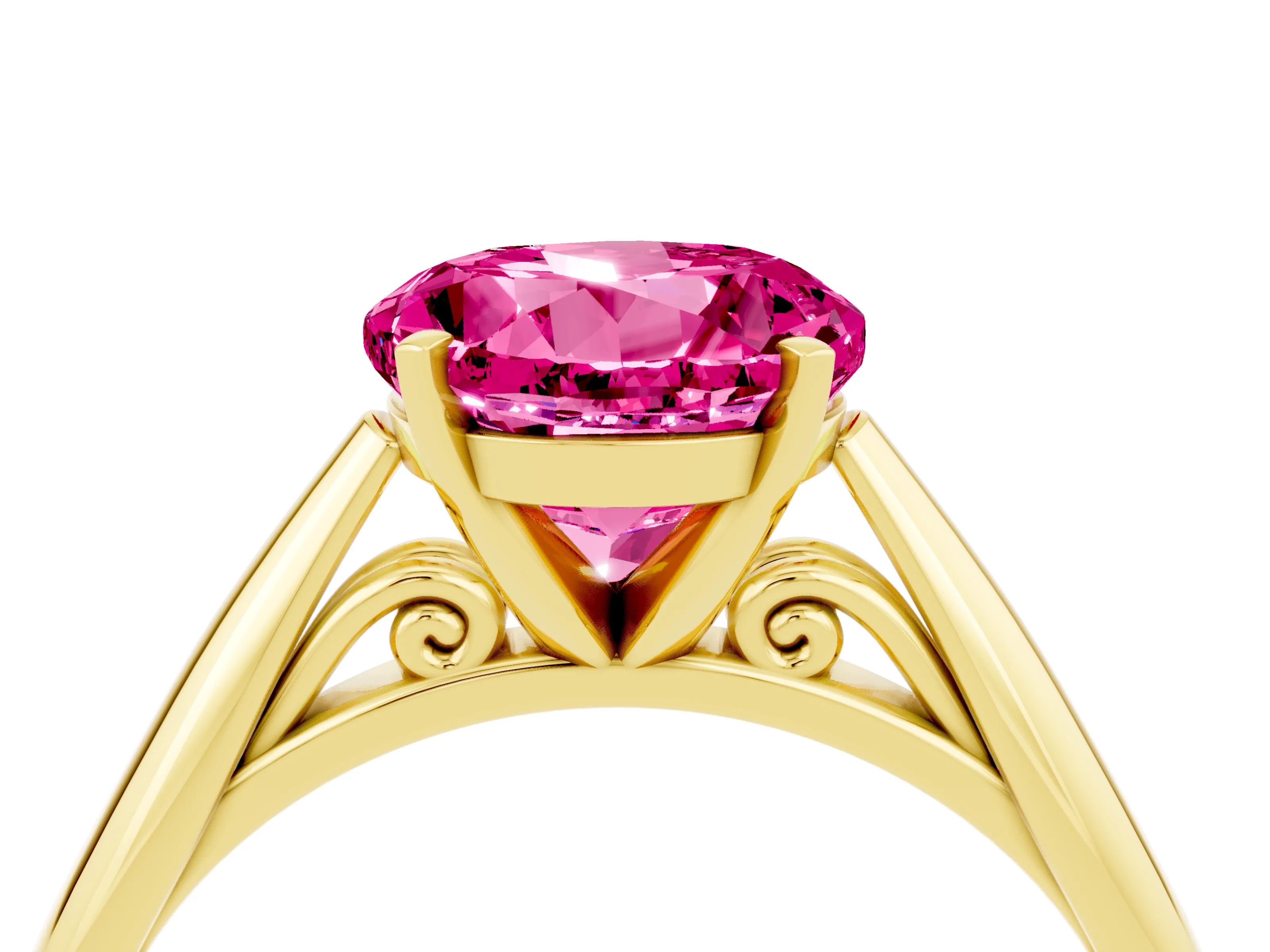 Yellow gold Round Cut Pink Sapphire Solitaire Engagement Ring with Cathedral Setting and Four-Prong Mount_16