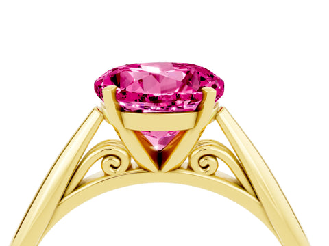 Yellow gold Round Cut Pink Sapphire Solitaire Engagement Ring with Cathedral Setting and Four-Prong Mount_16