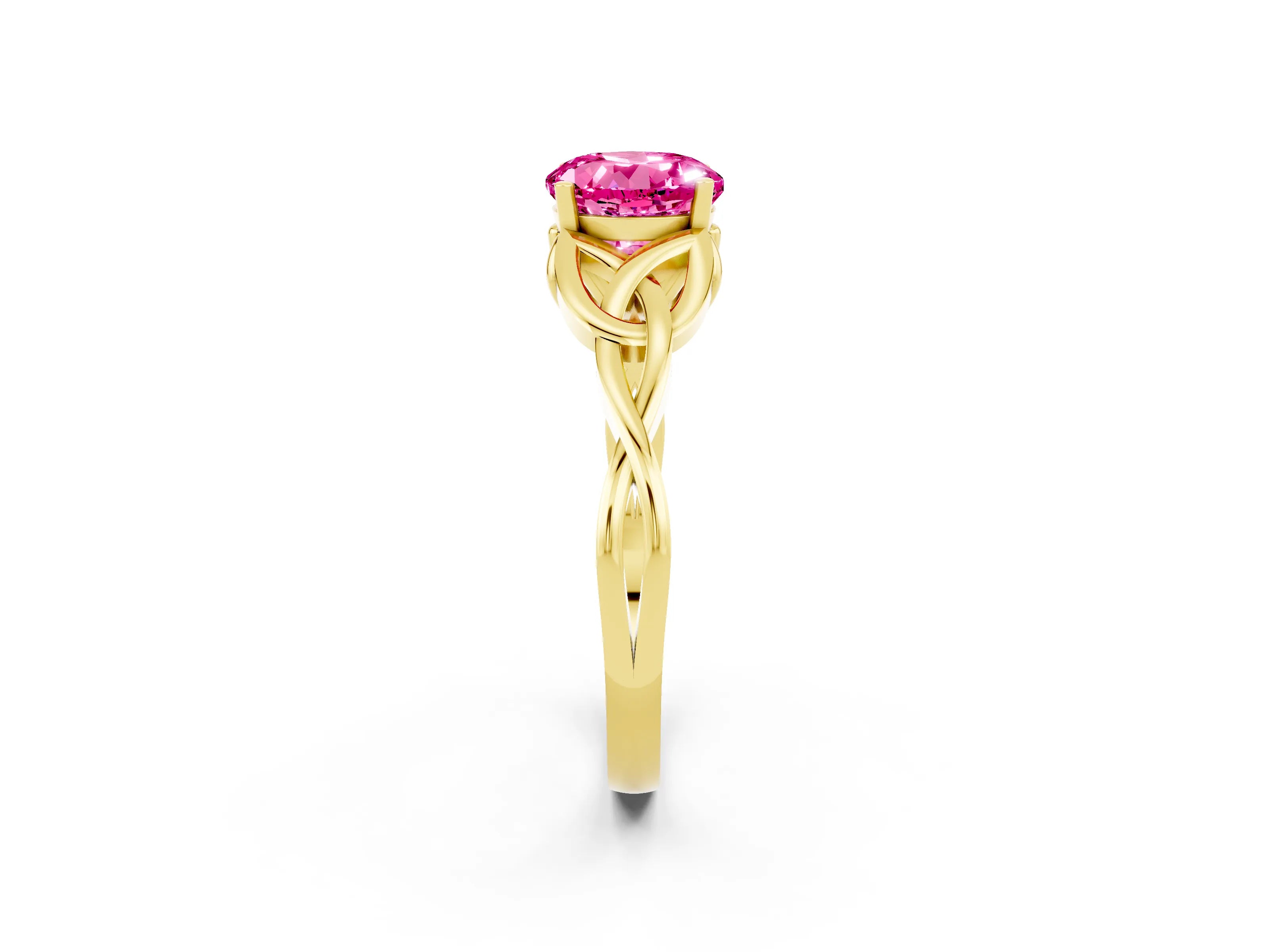 Yellow gold Round Cut Pink Sapphire Solitaire Engagement Ring with Celtic Knot Band and Four-Prong Setting_26