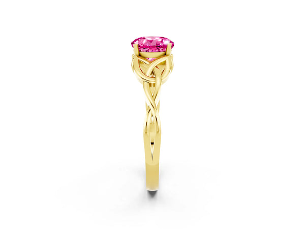 Yellow gold Round Cut Pink Sapphire Solitaire Engagement Ring with Celtic Knot Band and Four-Prong Setting