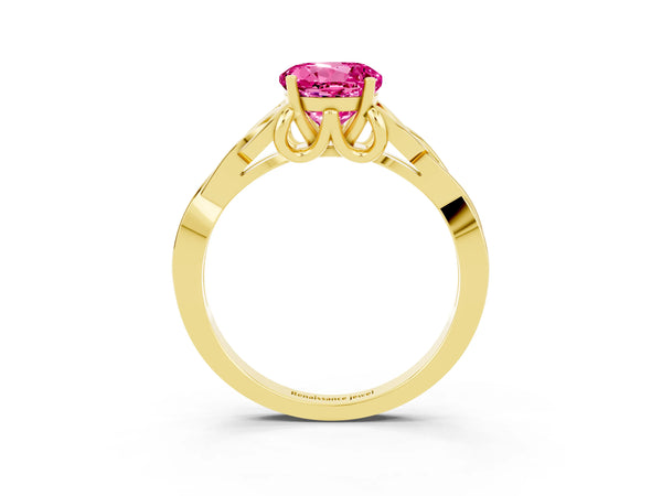 Yellow gold Round Cut Pink Sapphire Solitaire Engagement Ring with Celtic Knot Band and Four-Prong Setting