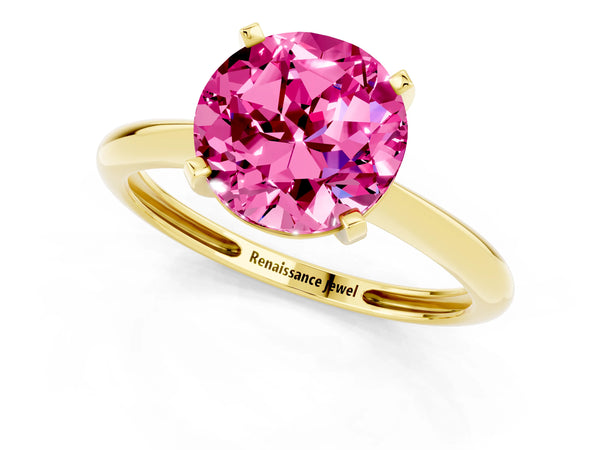 Yellow gold Round Cut Pink Sapphire Solitaire Engagement Ring with Classic Band and Four-Prong Setting