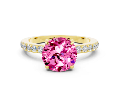 Yellow gold Round Cut Pink Sapphire Solitaire Engagement Ring with Pavé Band and Four-Prong Setting_24