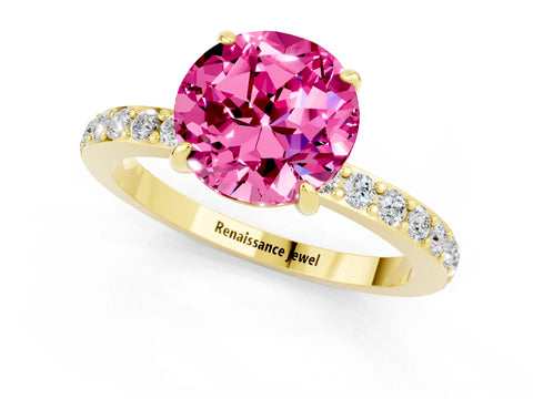 Yellow gold Round Cut Pink Sapphire Solitaire Engagement Ring with Pavé Band and Four-Prong Setting_25