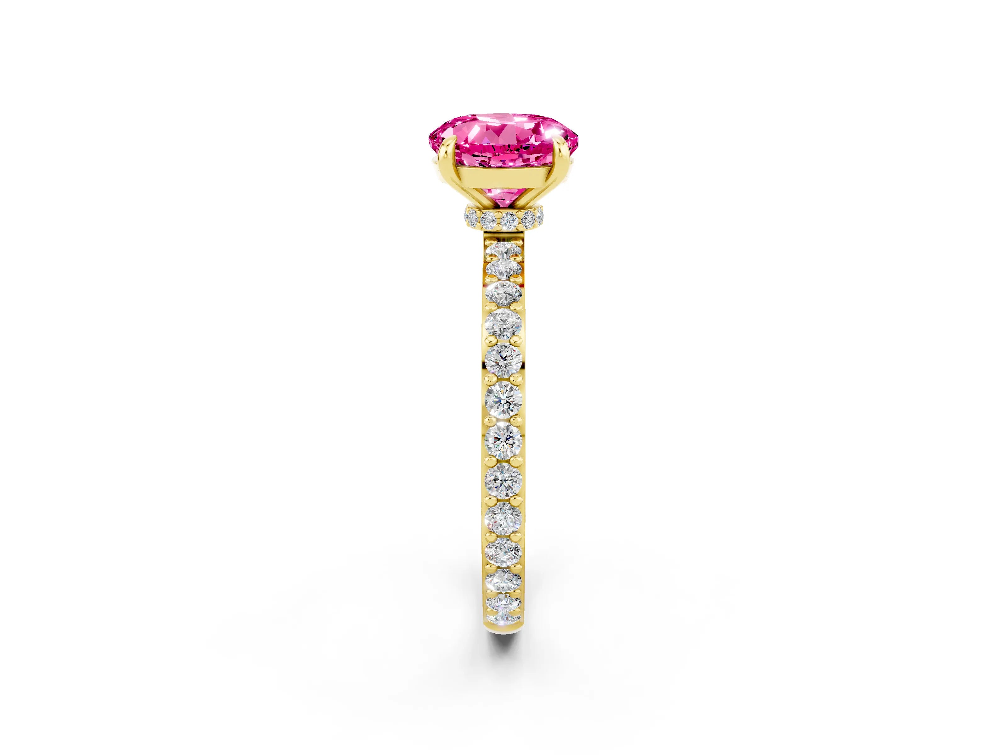 Yellow gold Round Cut Pink Sapphire Solitaire Engagement Ring with Pavé Band and Four-Prong Setting_26