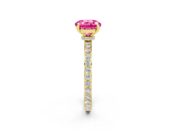 Yellow gold Round Cut Pink Sapphire Solitaire Engagement Ring with Pavé Band and Four-Prong Setting