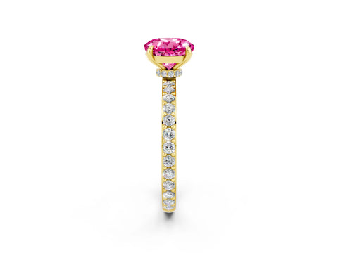 Yellow gold Round Cut Pink Sapphire Solitaire Engagement Ring with Pavé Band and Four-Prong Setting_26