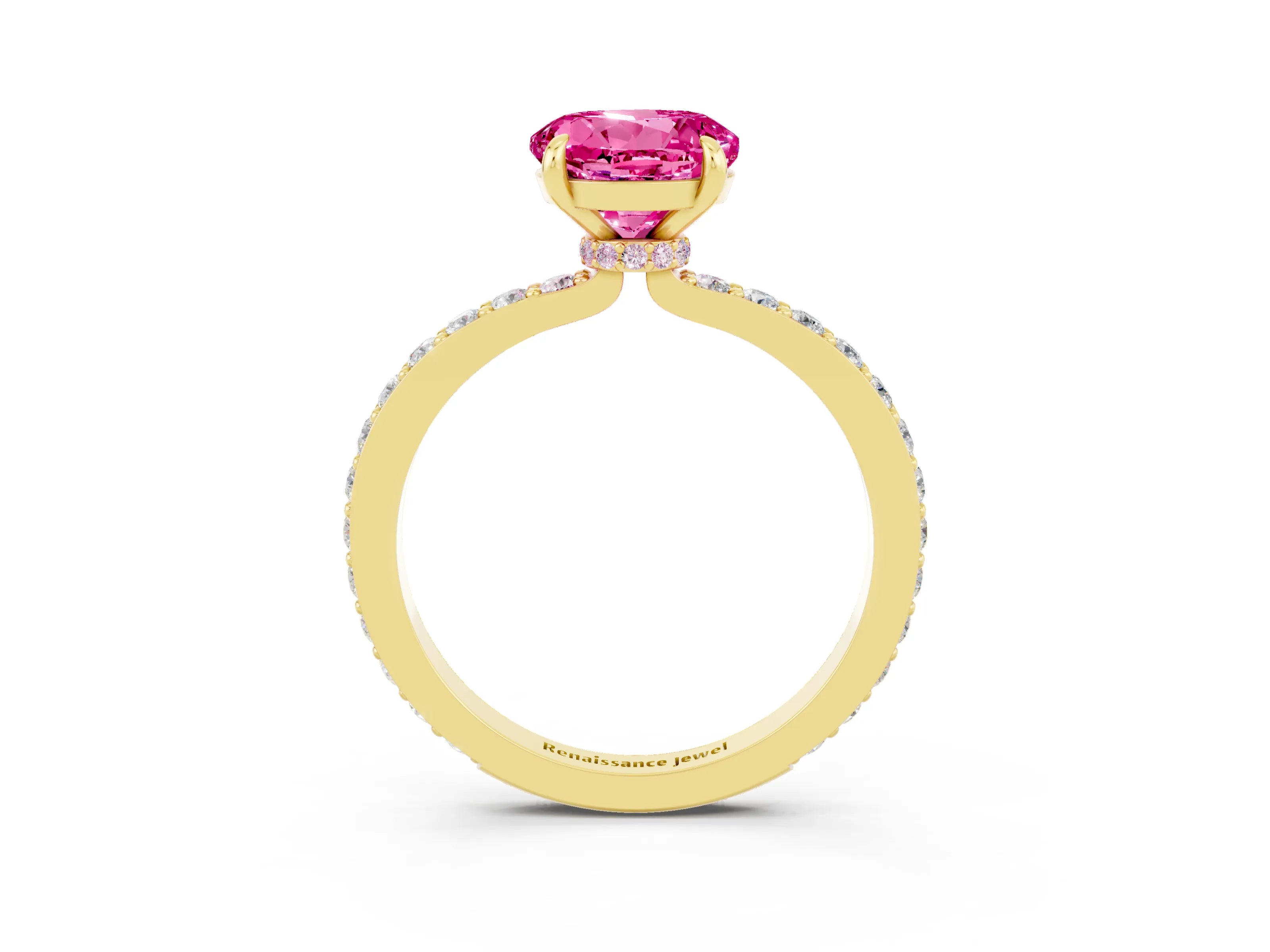 Yellow gold Round Cut Pink Sapphire Solitaire Engagement Ring with Pavé Band and Four-Prong Setting_27