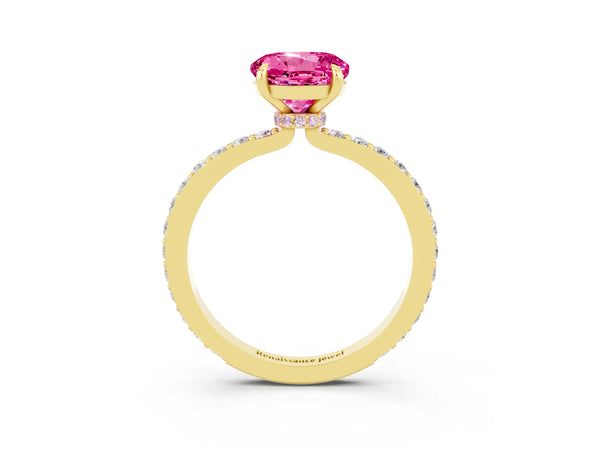 Yellow gold Round Cut Pink Sapphire Solitaire Engagement Ring with Pavé Band and Four-Prong Setting