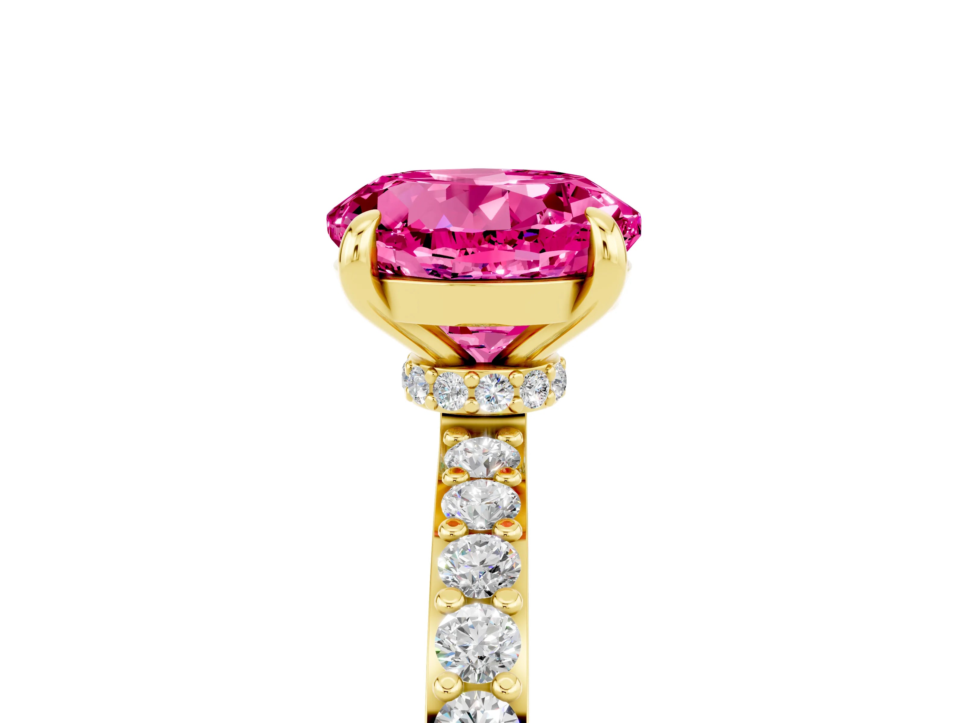 Yellow gold Round Cut Pink Sapphire Solitaire Engagement Ring with Pavé Band and Four-Prong Setting_29