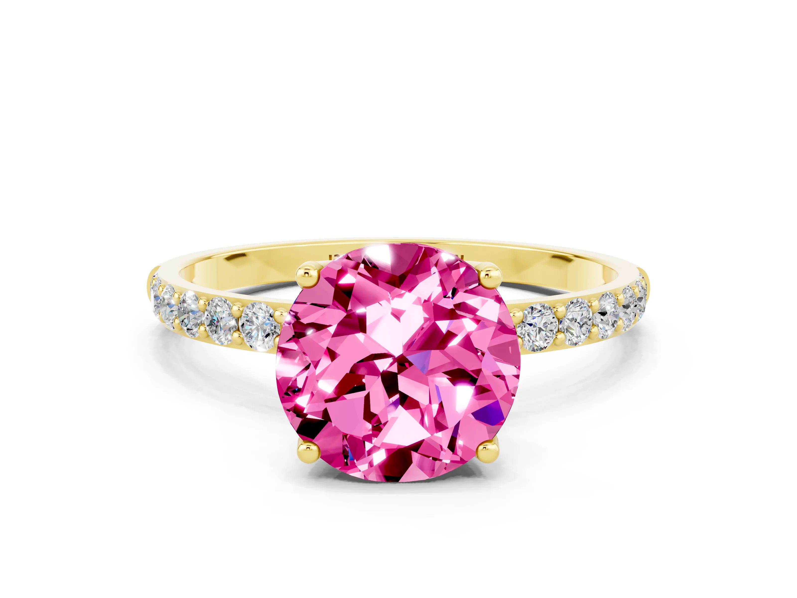Yellow gold Round Cut Pink Sapphire Solitaire Engagement Ring with Pavé Band and Prong Setting
