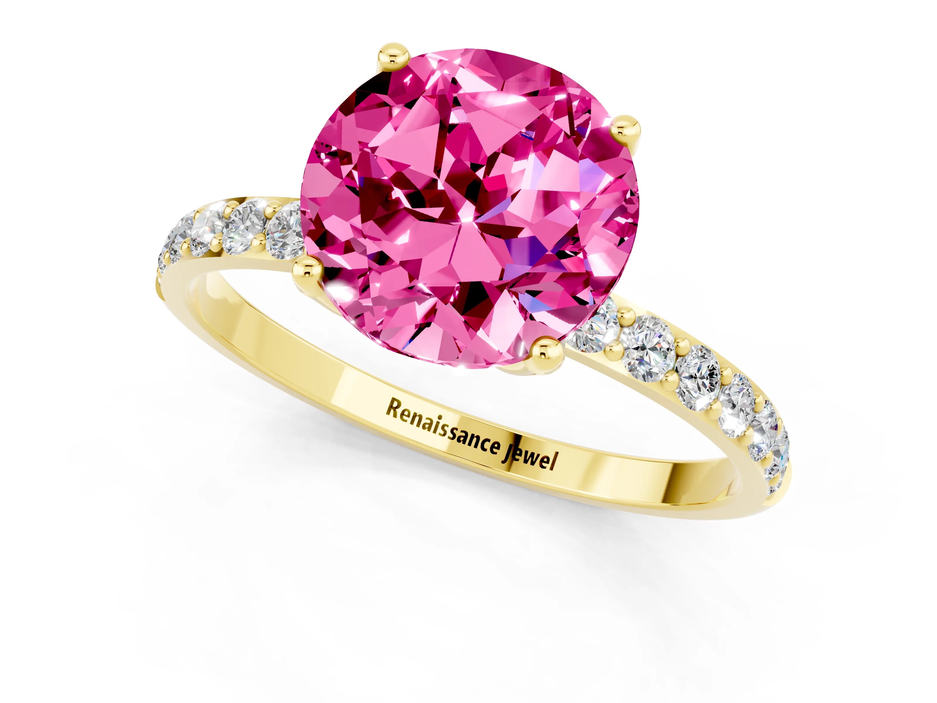 Yellow gold Round Cut Pink Sapphire Solitaire Engagement Ring with Pavé Band and Prong Setting_1
