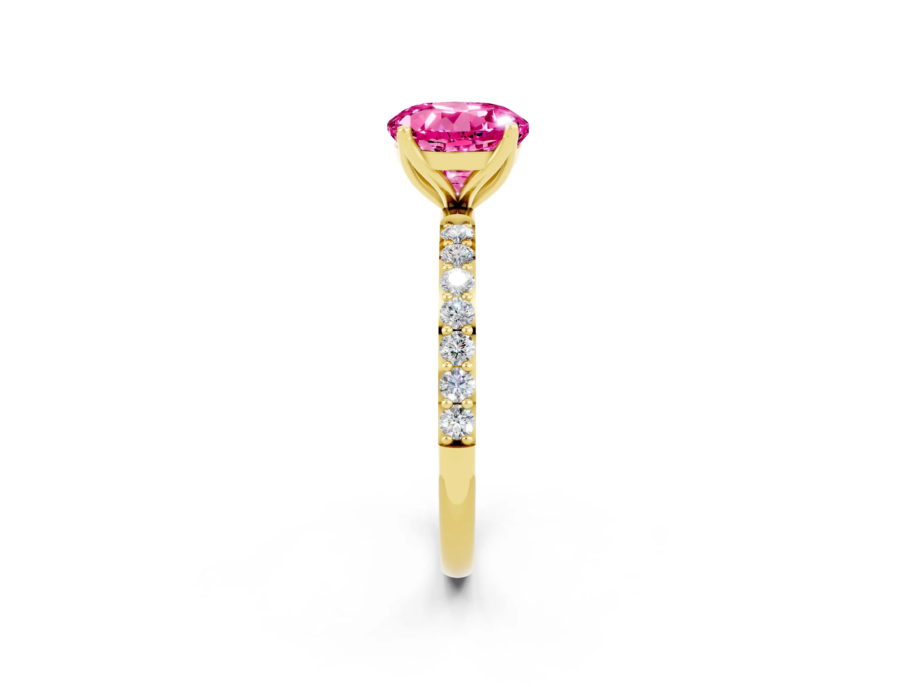 Yellow gold Round Cut Pink Sapphire Solitaire Engagement Ring with Pavé Band and Prong Setting_2