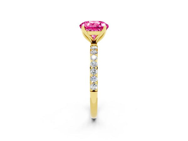 Yellow gold Round Cut Pink Sapphire Solitaire Engagement Ring with Round  Pavé Band and Prong Setting
