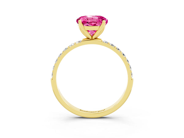 Yellow gold Round Cut Pink Sapphire Solitaire Engagement Ring with Round  Pavé Band and Prong Setting