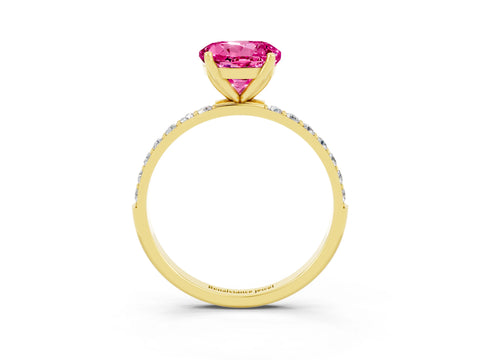 Yellow gold Round Cut Pink Sapphire Solitaire Engagement Ring with Pavé Band and Prong Setting_3