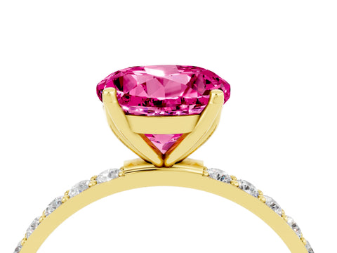 Yellow gold Round Cut Pink Sapphire Solitaire Engagement Ring with Pavé Band and Prong Setting_4