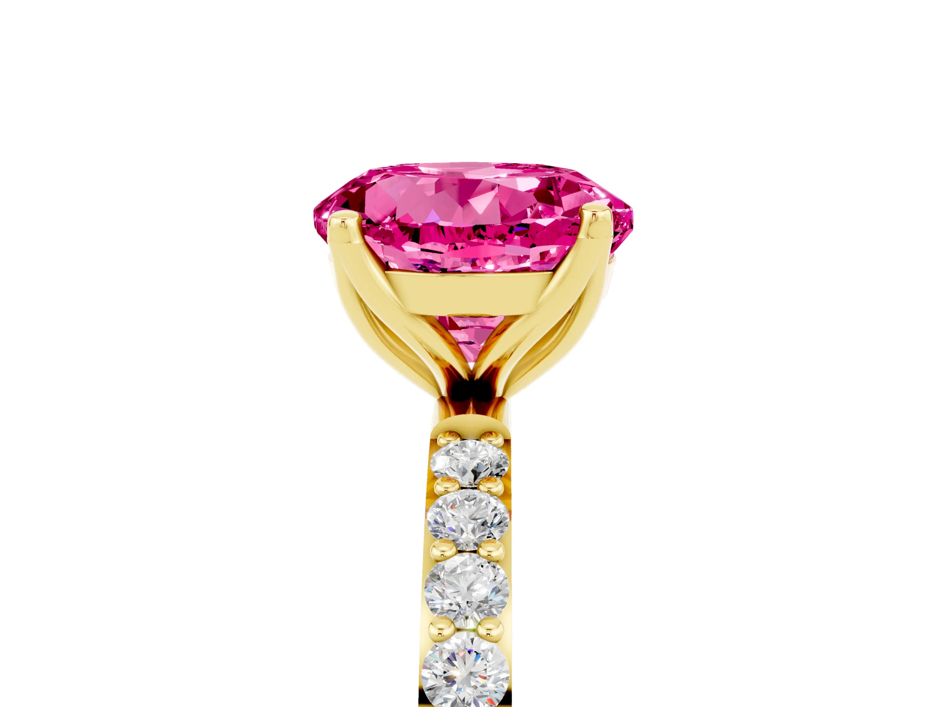 Yellow gold Round Cut Pink Sapphire Solitaire Engagement Ring with Pavé Band and Prong Setting_5
