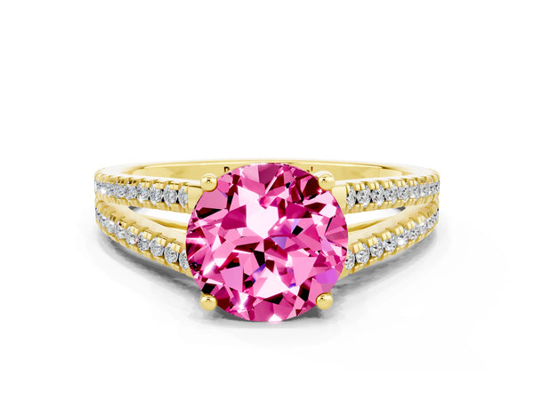 Yellow gold Round Cut Pink Sapphire Solitaire Engagement Ring with Split Shank Pavé Band
