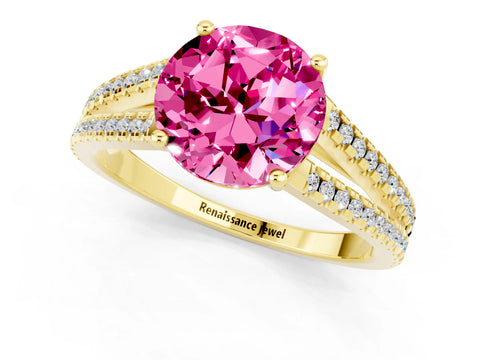 Yellow gold Round Cut Pink Sapphire Solitaire Engagement Ring with Split Shank Pavé Band_13